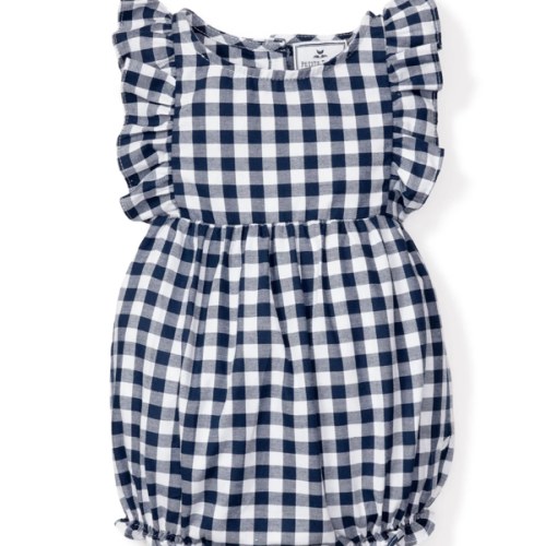 Baby's Twill Ruffled Romper in Navy Gingham