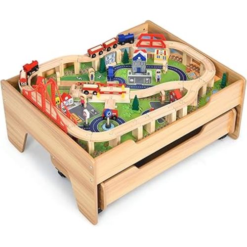 GLACER 100 Pieces Train Table, Wooden Activity Table with Storage Drawer, Tracks, Vehicles, Buildings, Wheels, Multipurpose Painted Train Table Set for Toddlers 3-5+, Gift for Boys Girls