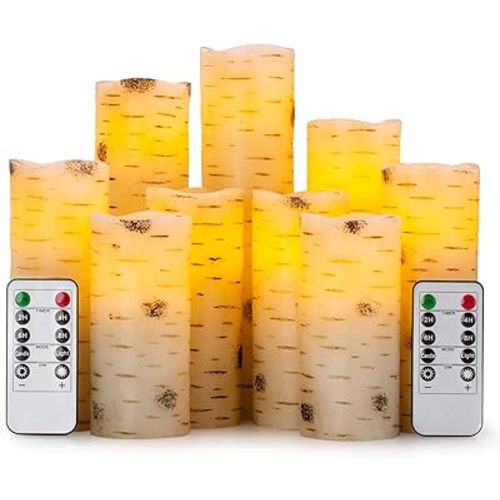 Flameless Flickering LED Candles with Birch Bark Effect - Set of 9 Battery-Operated Real Wax Pillar Candles with 10-Key Remote Control - 2/4/6/8 Hour Timer