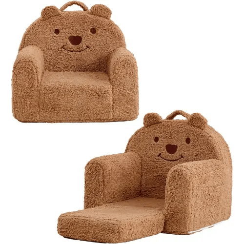 Toddler Chair,Sherpa Bear Toddler Couch Fold Out,Children Reading Chair,Flip Out Kids Couch,Kids Sofa Convertible for Age 1-3(Brown Bear)