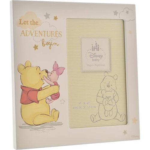Happy Homewares Magical Beginnings Let The Adventures Begin 4" x 6" Winnie The Pooh and Piglet Photo Frame - for Children, New-Born Baby or Baby Shower - Officially Licensed