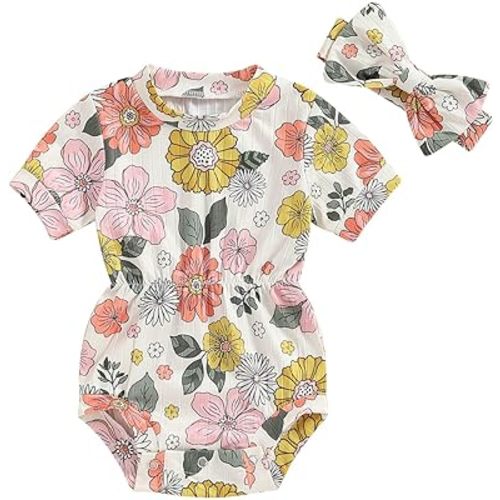 Baby Girl Summer Clothes Ribbed Short Sleeve Romper Solid Color Bodysuits Bow Headband Outfit Newborn Girl Jumpsuit
