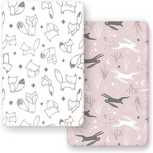 GRSSDER Stretchy Ultra Soft Jersey Knit Pack n Play Sheets Set 2 Pack, Portable/Mini Cribs Playard Sheets, Cute Foxes and Rabbits for Baby Girls and Boys