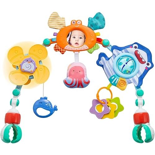 Adjustable Baby Stroller Arch Toy, Car Seat Toys for Infants 6-12 Months Bassinet Hanging Toy Bar Attachment with Mirror & Sound, Crib Comfort Gift for Birthday, Baby Shower
