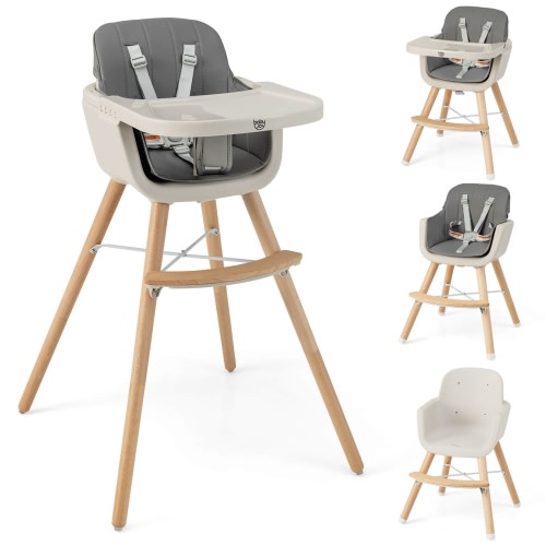 Babyjoy 3 in 1 Convertible Wooden High Chair Toddler Feeding Chair with Cushion Dark Grey