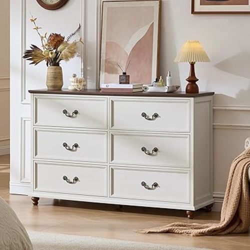Joaxswe Farmhouse 6 Drawers Dresser for Bedroom, Vintage 54" Wide Chest of Drawers w/ 4 Wooden Legs, Rustic Large Closet Storage Dressers Organizer for Hallway, Wood TV Stand for Living Room, White