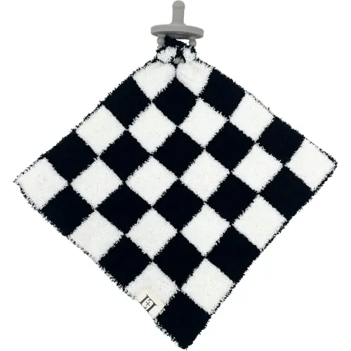 Checkered Baby Lovey Pacifier Holder 10"x10" - Cuddly Soft Knitted Soothie Reversible Mini Comfort Security Blanket - Snuggle Newborn Gift Essential for Babies Boys and Girls (Black/White)