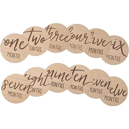 Kate & Milo Baby Monthly Milestone Marker Discs - Classic Cursive Script Wooden Discs with Reversible Photo Props for Baby Announcement and Milestones, Gender-Neutral Gift for Newborn Boy and Girl