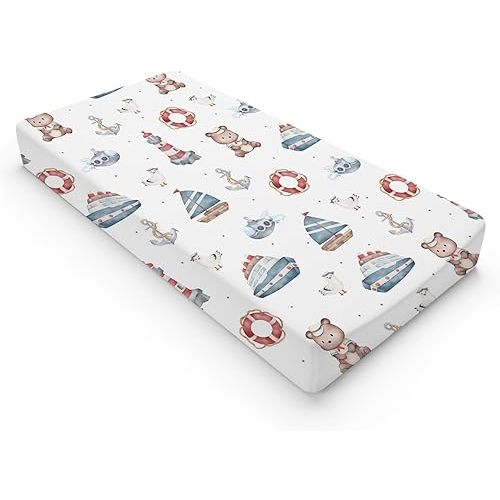 Cute Sailor Watercolor Bear Seagull Changing Pad Cover Nautical Life Ship Anchor Lighthouse Diaper Changing Pad Sheets for Boy Girl Soft Stretch Fitted Baby Change Table Pad Covers Mats 32''x16''