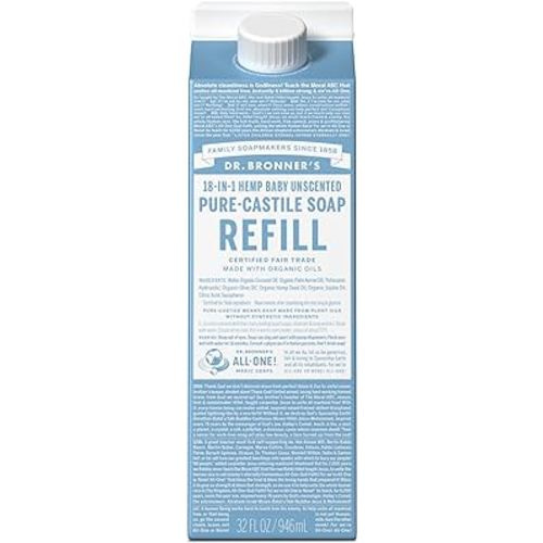 Dr. Bronner’s - Pure-Castile Liquid Soap Refill, 82% Less Plastic per Quart, Made with Organic Oils, 18-in-1 Uses, For Face, Body, Hand Soap Refill, Hair, Laundry, Pets & Dishes (32oz, Baby Unscented)