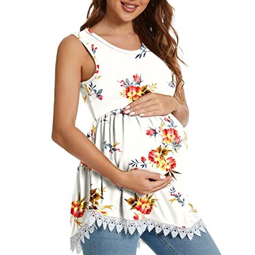 Xpenyo Womens Maternity Tank Top Sleeveless Lace Crochet Trim Peplum Cami Shirts
