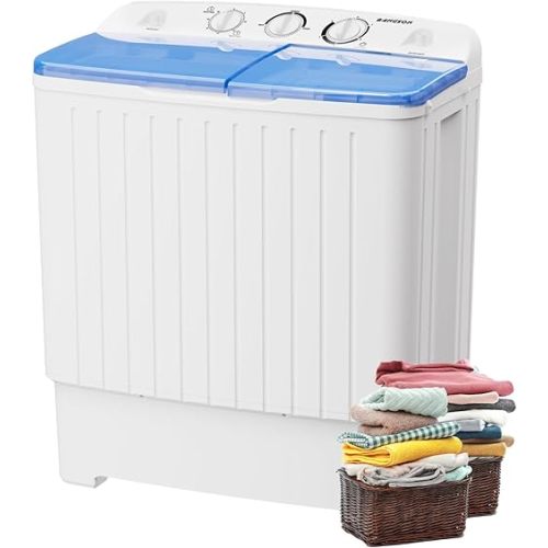 BANGSON Portable Washing Machine, Mini Twin Tub Washer and Dryer Combo with 17.6 lbs Large Capacity, Portable Washer for Apartment, Dorm, RV, Camping, Home, 25.6x14.2x28.8 inches, White & Blue