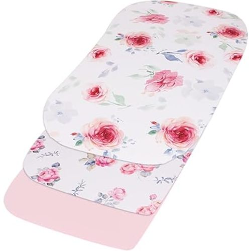 Belsden Pack of 3 Fitted Bassinet Sheet Set, Flexible Fit Various Bassinet, Adapts to Oval, Hourglasss and Rectangle Shaped Bassinet Pads, Cloudy Soft Washable, Floral Purple & Pink & Pink Rose