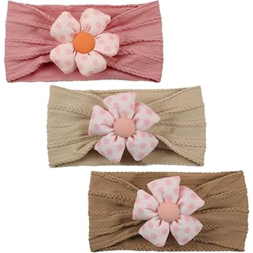 3 Pcs Baby Flower Headbands Baby Girls Nylon Headbands Soft Hairbands Hair Accessories for Newborn Infant Toddler Kids (Khaki Brown Pink)