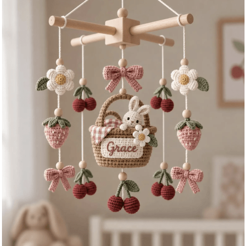 Personalized Crochet Baby Mobile With Bunny And Fruit Dangles, Custom Name Nursery Decor, Handmade Baby Shower Gift For Girl