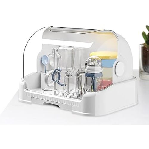 Baby Bottle Storage, Babies Bottle Drying Rack, Large Baby Bottle Organizer with Removable Drain Tray, Dustproof Bottle Storage, Portable Space Saving Baby Bottle Rack Dryer 31.5x25.5x25cm