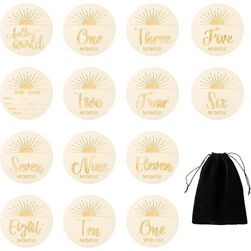 R HORSE 8Pcs Wooden Baby Monthly Milestone Cards with Birth Announcement Sign, Engraved Boho Sun Hello World Baby Months Sign, Newborn Monthly Milestone Discs Nursery Decor Gift Photo Props for Boy Girl