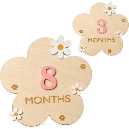 Baby Monthly Milestone Signs, Wooden Daisy Baby Monthly Milestone Cards Blocks with 1-12 Months Number, Babys Announcement Sign Photoshoot Props for Babys Growth Recording (Flower)