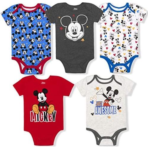 Disney Mickey Mouse, Lion King, and Winnie the Pooh Baby Boys 5 Pack Bodysuits for Newborn and Infants