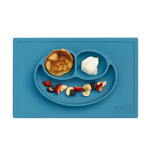 ezpz Happy Mat - 24 Months+ (Blue) - 100% Silicone Suction Plate with Built-in Placemat for Toddlers + Preschoolers - Divided Toddler Plates - Toddler Essentials