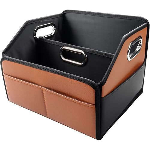 Noaman Car Organizer - 2025 Upgraded Leather Car Storage Organizer for Front Back Seat or Floor with 3 Metal Handles 6 Apartments, Multipurpose Car Organizers and Storage Brown.