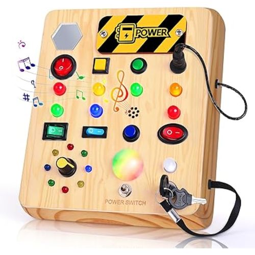 Busy Board with LED Light, Wooden Sensory Toys for Toddler, Montessori Music Toy for Airplane, Travel Activity Educational Learning Autism Toys, Birthday Boys Girls Gifts