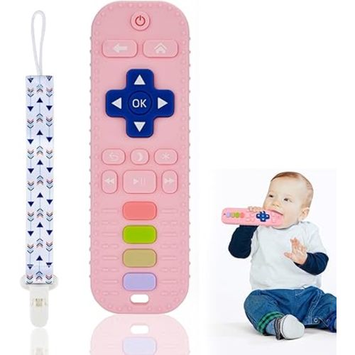 Baby Silicone Teething Toys, Simulation TV Remote Control Shape Teether Toys for Toddlers 3-18 Months, Boys Girls Baby Teething Toys, Baby Chew Toys, Freezer BPA Free, Pink