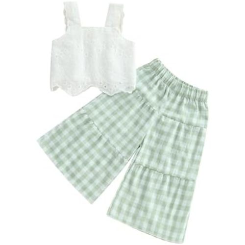 VISGOGO Toddler Baby Girls Summer Outfit Sleeveless Lace Embroidery Clothes Toddler Kids Tank Tops Bell-bottom Pants Set