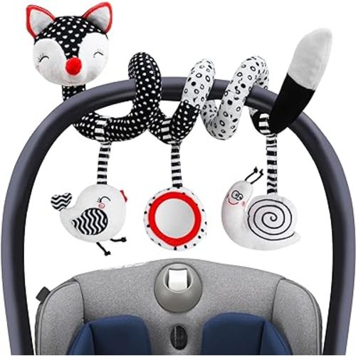 Baby Carseat Toy Black & White Rattle Spiral Hanging Activity Stroller Toy for Newborns Boys and Girls, Quality Gifts for Baby Shower- Fox