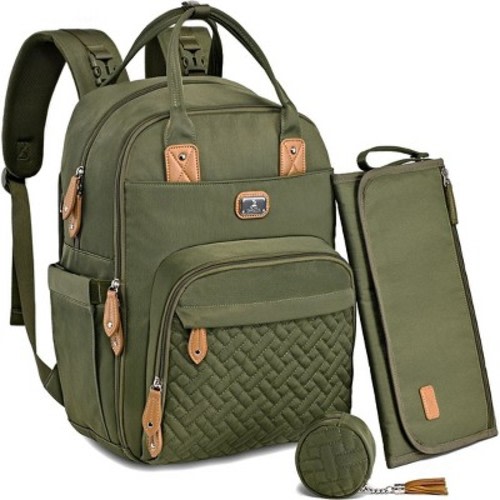Dikaslon Diaper Bag Backpack with Portable Changing Pad, Pacifier Case and Stroller Straps, Green