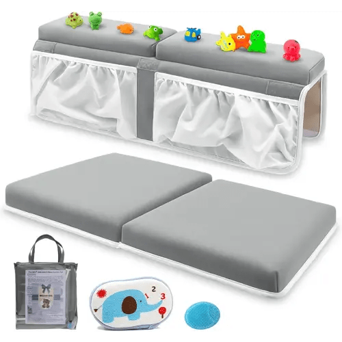Bath Kneeler and Elbow Rest Pad Set for Baby Bathtub, Thick Non-Slip Bathing Kneeling Mat Cushion Quick Drying Bathtub Knee Saver with Arm Support and Pockets for Bathroom Bathing time Comfort, Gray