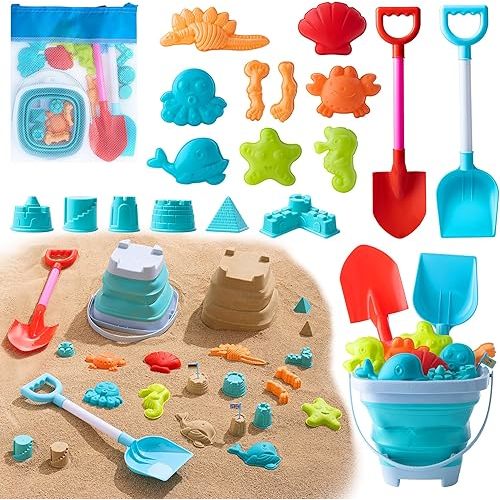 Beach Toys for Kids - Sand Toys Set Includes Collapsible Bucket Shovel and Mesh Bag 19 PCS, Toddlers Sandbox Toys Sandcastle Building Kit (Kids Beach Toy Set)