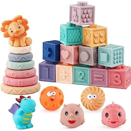Montessori Toys for Babies 6-12 Months, 3 in 1 Soft Baby Toys Set, Sensory Toys for Toddlers, Stacking Building Blocks Soft Infants Teething Toys, 24 PCS