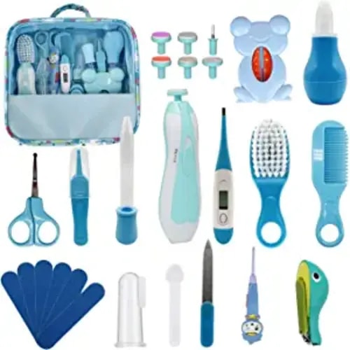 Baby Healthcare and Grooming Kit, 26 in 1 Baby Electric Nail Trimmer Set Newborn Nursery Health Care Set for Newborn Infant Toddlers Baby Boys Girls Kids Haircut Tools (Blue 26 in 1)