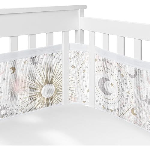 Sweet Jojo Designs + BreathableBaby Blush Pink Gold Star and Moon Girl Breathable Mesh Crib Liner Anti-Bumper Baby and Infant - Grey Celestial Sky Stars Gray Shabby Chic