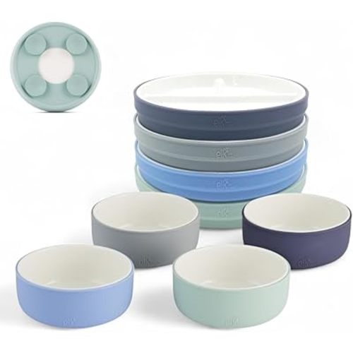 Elk and Friends Kids Porcelain Mealtime Bundle | Suction Sleeves | 6.7" Plates & Bowls | 8 Pcs | Microwave & Dishwasher Safe
