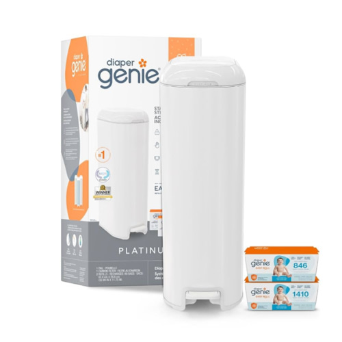 Diaper Genie Platinum Pail Gift Set, Lily White, Made of Durable Stainless Steel and Includes 2 Easy Roll Refills with 18 Bags and 30 Bags