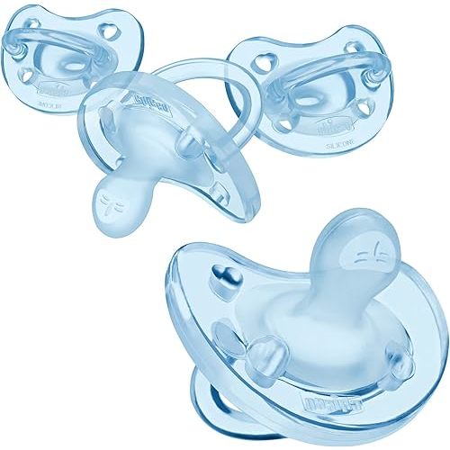 Chicco PhysioForma 100% Soft Silicone One Piece Pacifier for Babies Aged 0-6 Months | BPA & Latex Free | Reusable Sterilizing Case | Light Blue, 4pk