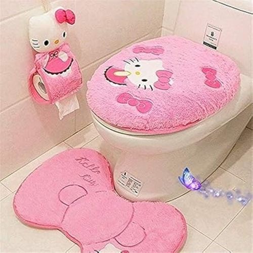 GVTTX Bath mat Cute Cartoon Pink 4 PCS Bathroom Set Toilet Cover WC Non Slip Bath Mat - Toilet Contour Rug Closestool Lid Cover, Seat Cushion,Tissue Box Set (Pink).