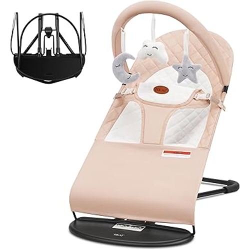 HKAI Baby Bouncer, Portable Baby Bouncer Seat for Babies 0-18 Months, 100% Cotton Fabrics, 3 Modes of use with Rocker and Stationary Options, Infant Rocker Chair with Hanging Toys-Organic Oat