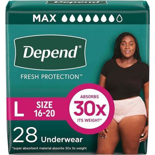 Depend Fresh Protection Adult Diapers, Incontinence & Postpartum Bladder Leak Underwear for Women, Disposable, Maximum, Large, Blush, 28 Count, Packaging May Vary