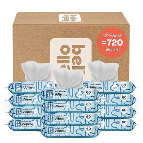 Hello Bello Extra Gentle Unscented Baby Wipes - Plant Based - Made with 99% Water and Aloe for Babies and Kids - 720 Count - 60 Count (Pack of 12) - Fragrance Free