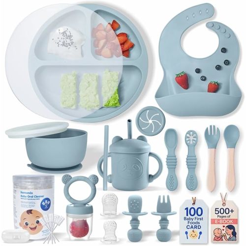 Remonda 23-Piece BPA-Free Silicone Baby Feeding Set | Extra Large Suction Plates, Toddler Bowls, Self Feeding Spoons, and More | Dishwasher Safe| Baby Led Weaning Supplies (Blue) A1