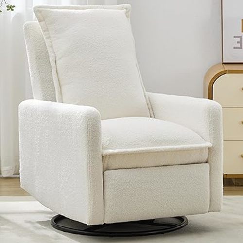 Lazy Boy Glider Recliner Nursery Chair with Comfy Cushion, Swivel Rocking Recliner for Small Spaces, Boucle (White)