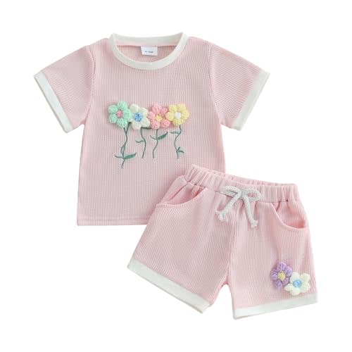 Infant Baby Girl Outfits 3D Flower Print Waffle Knit Short Sleeve T-Shirt Top Floral Shorts Set Toddler Girl Summer Clothes