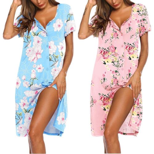Ekouaer 2 Pack Nightgowns for Women Button Down Night Shirts Short Sleeve Sleep Shirts V Neck Sleepwear Pajama Dress