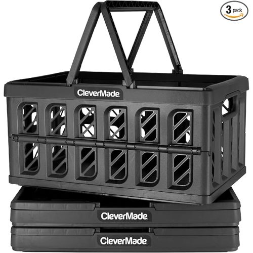 CleverMade Collapsible Shopping Basket, Obsidian, 3PK - 24L (6 Gal) Reusable Plastic Grocery Shopping Baskets, Holds 25lbs Per Basket - Small Foldable Storage Crates with Handles