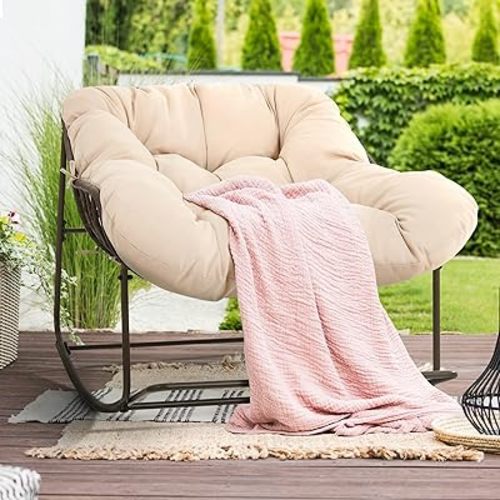 YITAHOME Rocking Papasan Chair, Outdoor Oversized Saucer Chair with Foldable Frame & Comfy Cushion, Wicker Basket Moon Chair for Patio, Porch, Bedroom (Brown+Beige)