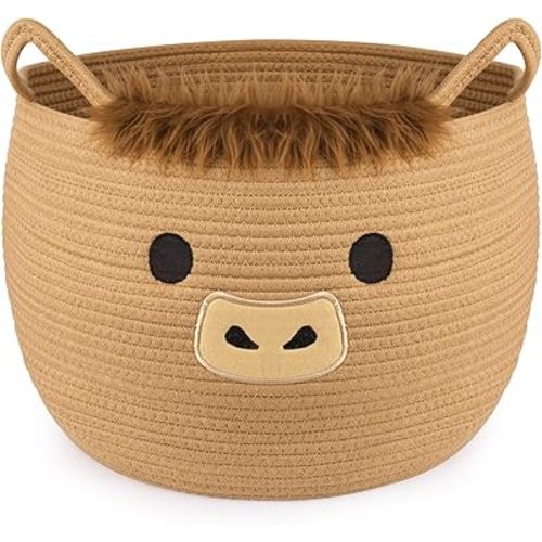 Highland Cute Cow Basket for Nursery, Large Blanket Gift Basket, Woven Rope Cotton Storage, Baby Laundry 0rganizer with Ears Handles, Towels Toy Clothes Gifts Storage Cat Dog Bin,13"D×11.5"H