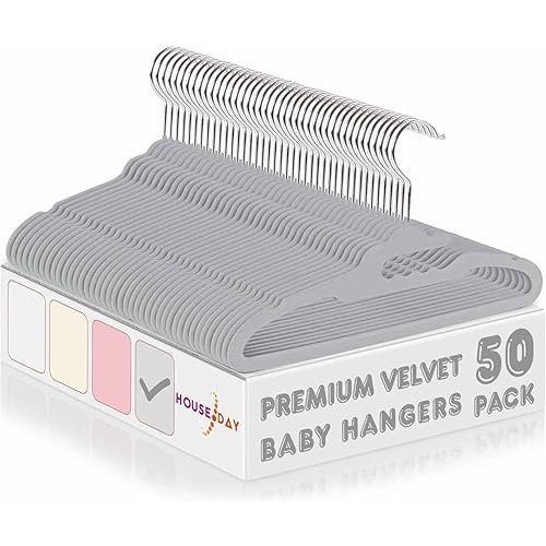 HOUSE DAY Premium Baby Velvet Hangers 50 Pack for Kids, Non Slip Baby Clothes Hangers for Closet, 11 Inch Children's Hanger Space Saving on Baby Organization, Gray
